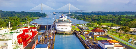 Crucero y embarcaciones atravesando las esclusas del Canal de Panamá en un día despejado.