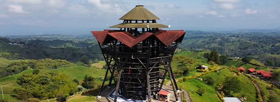 Elevated viewing platform at Mirador de Filandia overlooking green valleys.