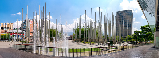 Plaza Cisneros light towers urban space in Medellín Colombia