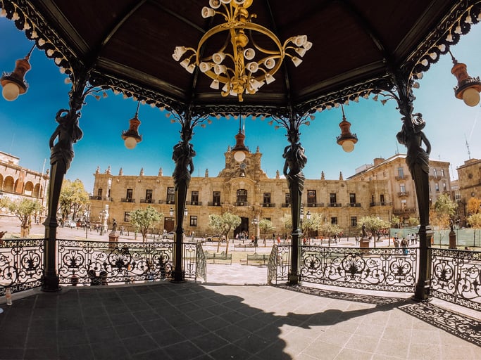 Guadalajara’s Government Hub seen from inside a kiosk in Plaza de Armas.