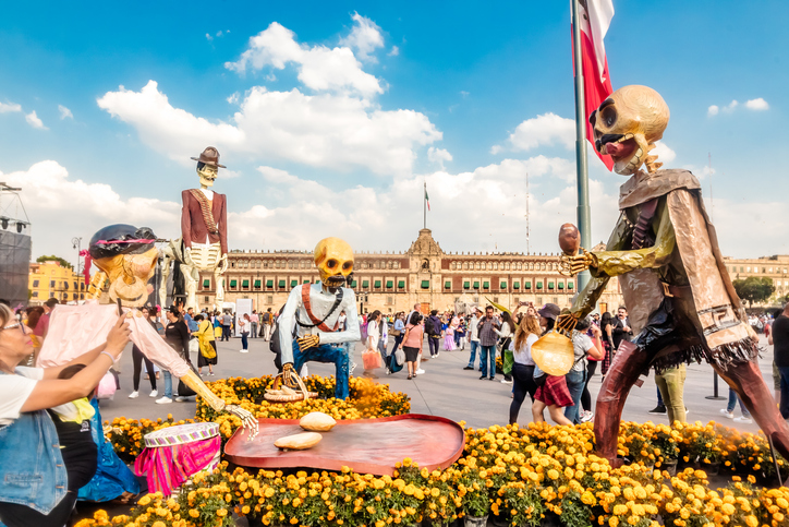 Decorations for the Day of the Dead celebration in Mexico City’s historic center.