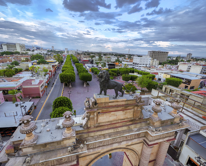 Vista panorámica de León desde la cima del Arco de la Calzada, mostrando la avenida Madero y zonas arboladas.