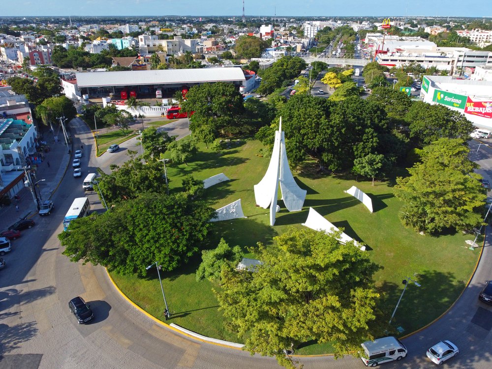 Aerial view of Cancun shoreline and the ocean.