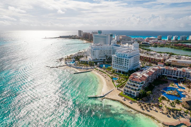 Aerial view of Cancun’s Hotel Zone and the sea.
