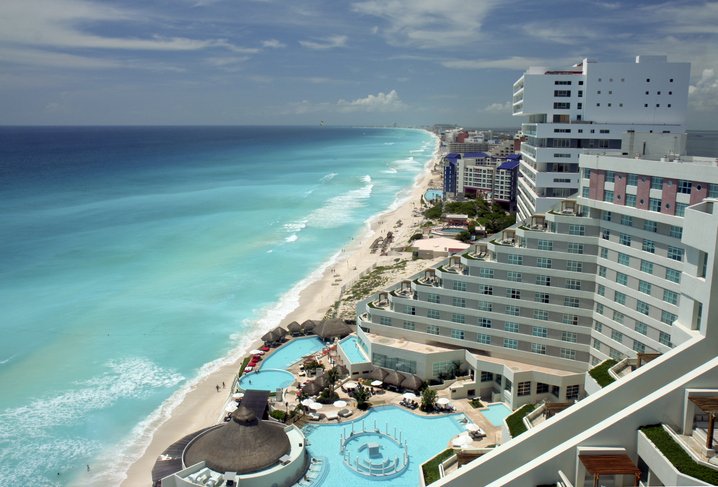 Panoramic view of Cancun Hotel Zone and the beach.