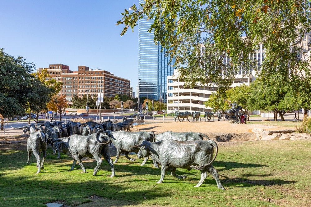 Escultura de un rebaño de ganado de cuerno largo cruzando un arroyo en la Pioneer Plaza en Dallas, Texas, EE.UU.