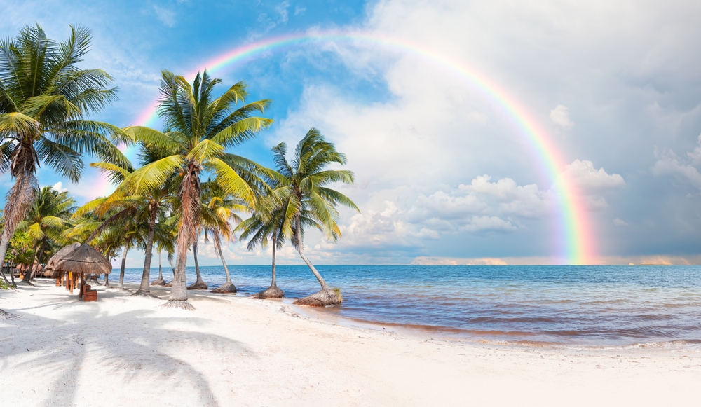 Playa soleada con palmeras y mar turquesa en Cancún.