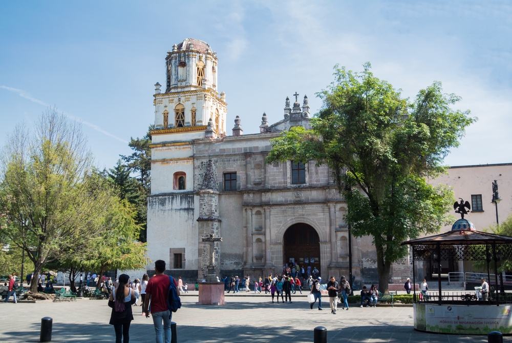 Parish of San Juan Bautista in a Baroque style architecture in Coyoacan which is one of the oldest areas of Mexico City.