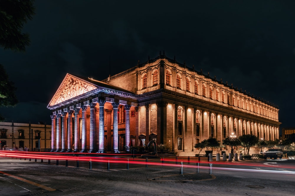 A long exposure shot of the Degollado theater in Guadalajara, Mexico at night