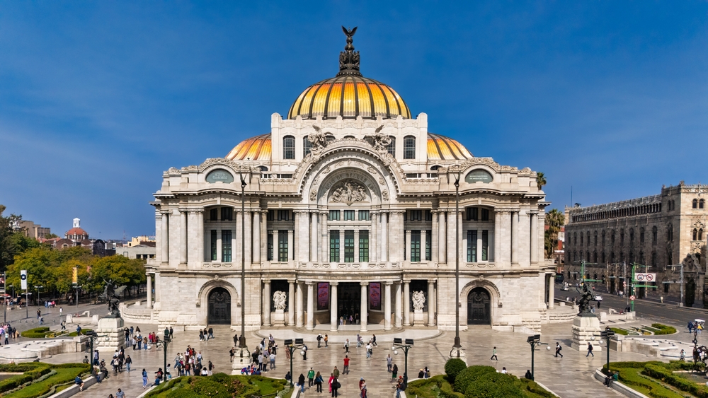 Front view of the Palace of Fine Arts, a famous and iconic cultural landmark in the city's historic center