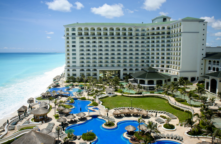 Aerie view of Cancun Hotel Zone with all-inclusive hotels.