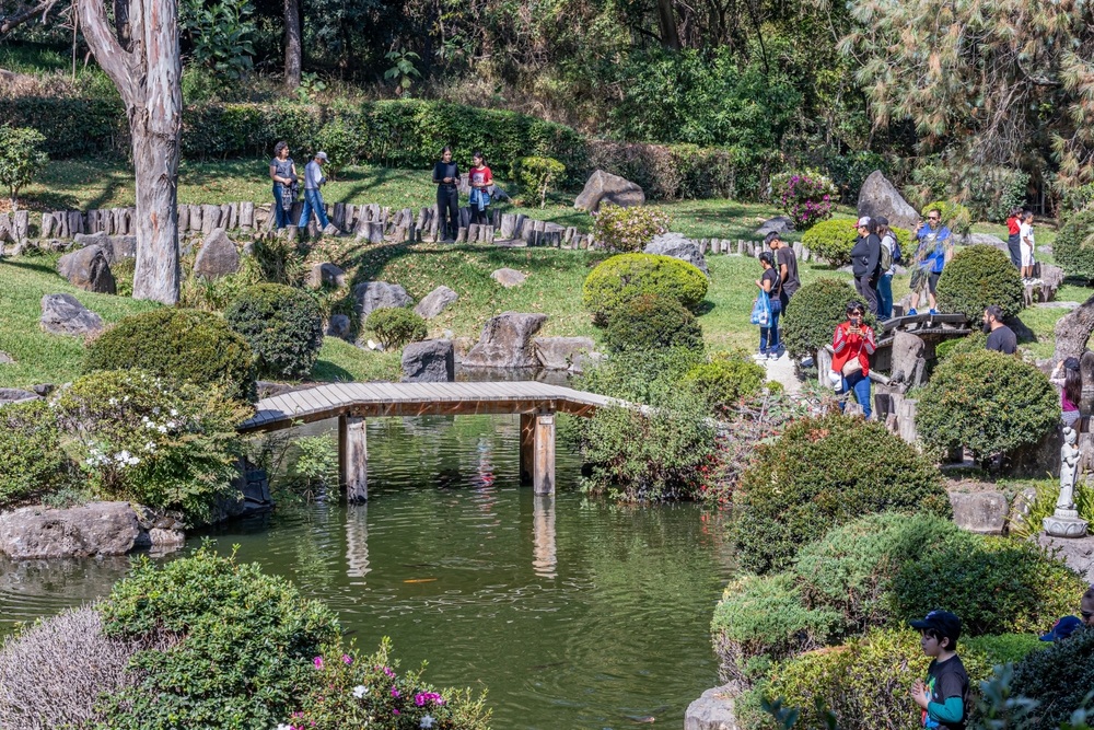 People enjoying a sunny day in the Japanese garden in Los Colomos public park.