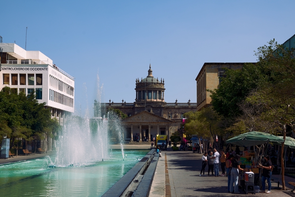 Guadalajara, Jalisco. Fountain of the dancers and in the background the facade of the Hospice Cabanas.