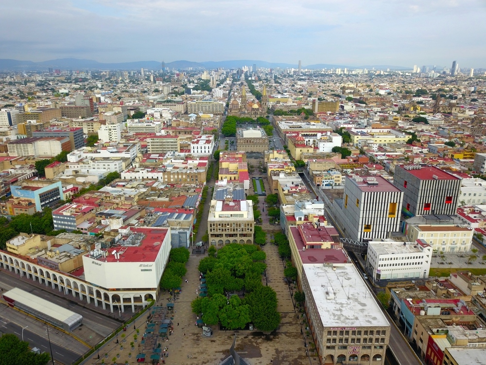 Aerial photo of downtown Guadalajara called Plaza Tapatia, Jalisco