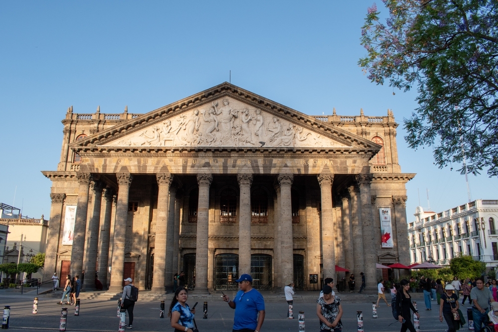 Front view of the Degollado Theater with neoclassical columns and pediment, located in the historic center of Guadalajara, Jalisco