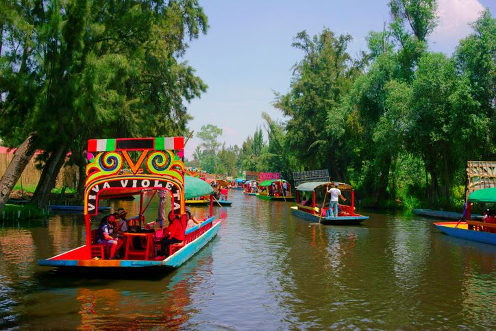Trajineras sailing across Xochimilco canals.