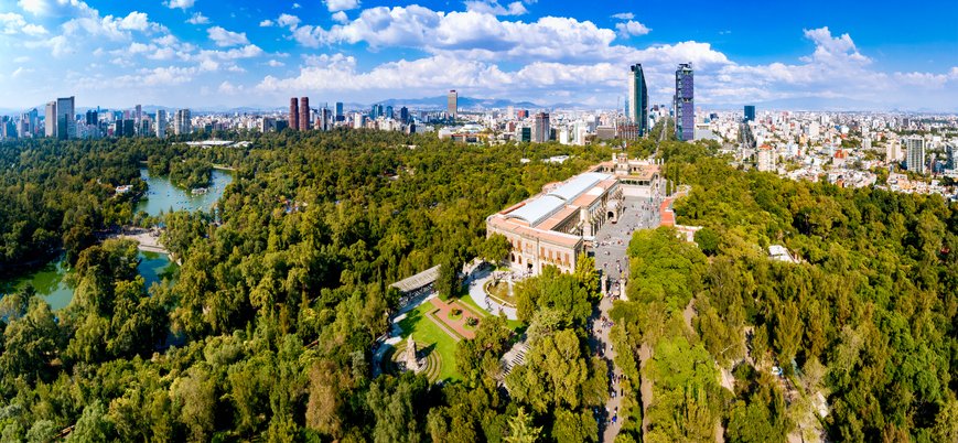 Bosque de Chapultepec con el Castillo en el centro y edificios de Reforma al fondo.