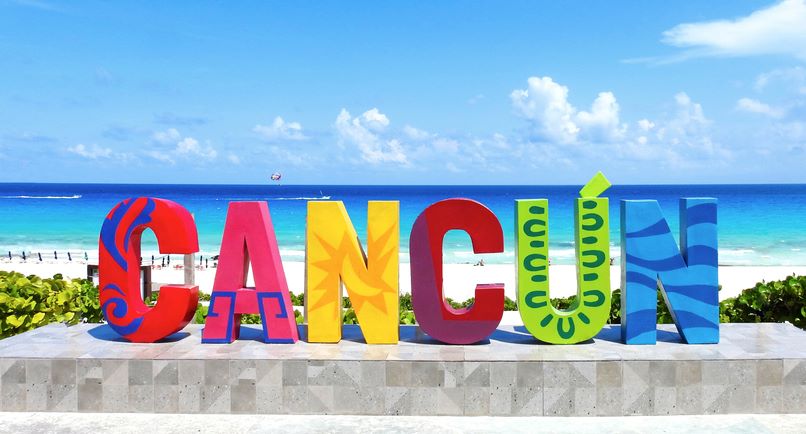 Colorful Cancun sign near the beach at Playa Delfines.