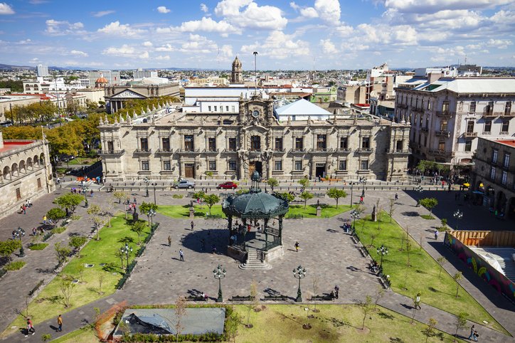 Aerial view of Guadalajara’s Government Palace in the historic center.