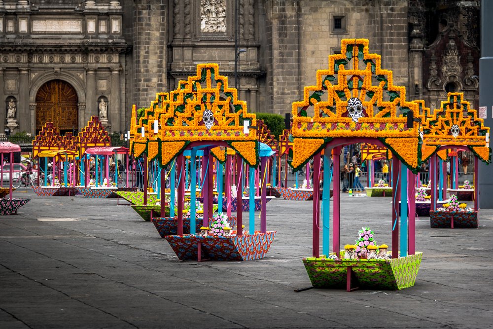 Decorations at Zócalo for Day of the Dead (Día de Muertos).