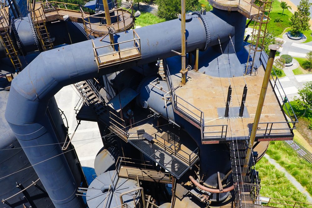 Industrial building remains at Fundidora Park seen from above.