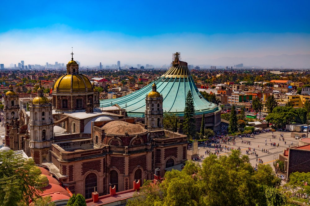Aerial view of Basilica of Our Lady of Guadalupe and surroundings in Mexico City.