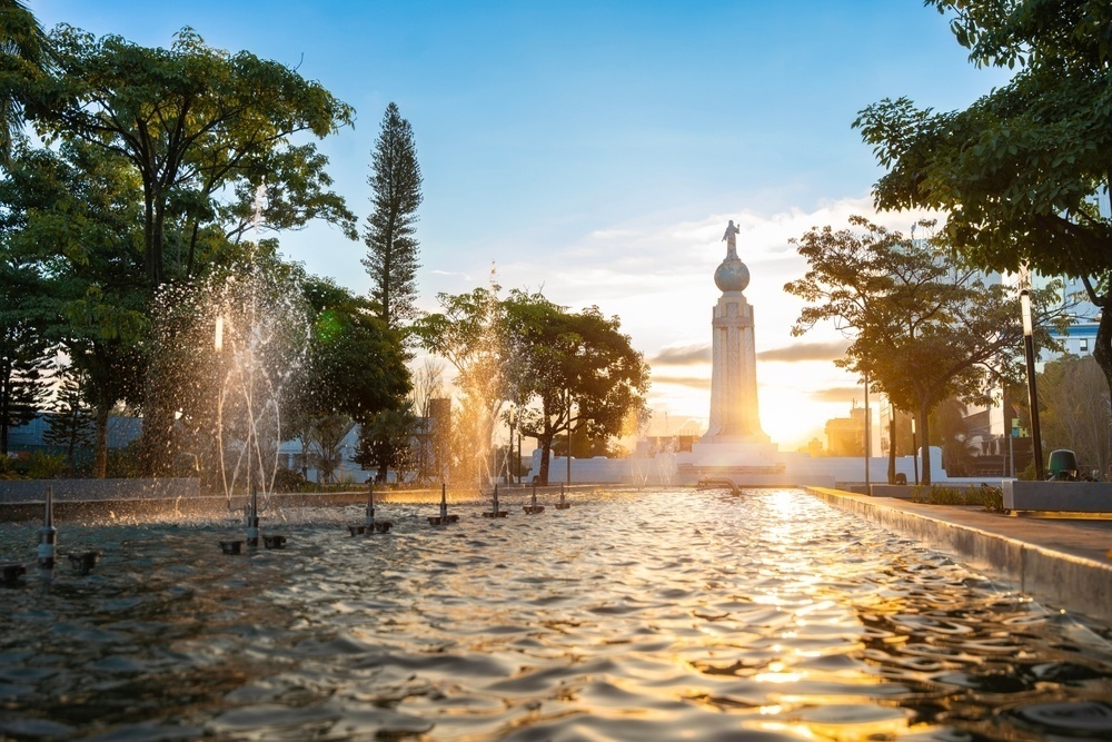 Water fountains in the park Salvador del Pueblo, in the city center.