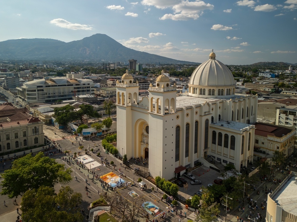 Aerial view of San Salvador historic center and the Metropolican Cathedral.