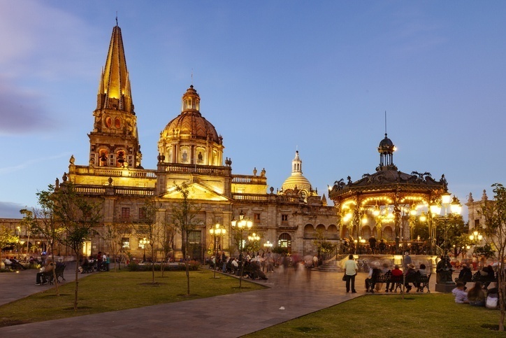 Guadalajara’ Cathedral and kiosk in the hustoric center lit at night