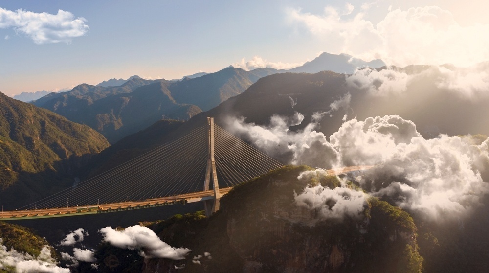 Vista aérea del Puente Baluarte, cercano a la ciudad de Durango, desde el teleférico.