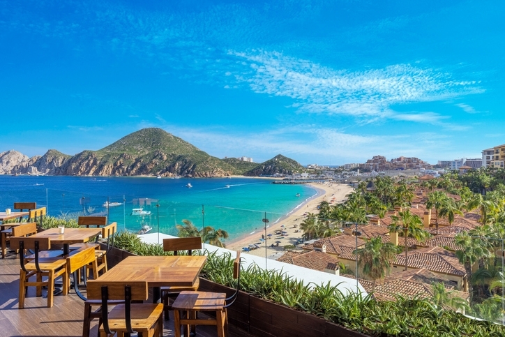 Panoramic view of Cabo San Lucas from the rooftop of a restaurant.
