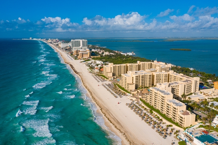 Aerial view of Cancún beaches and the Hotel Zone.