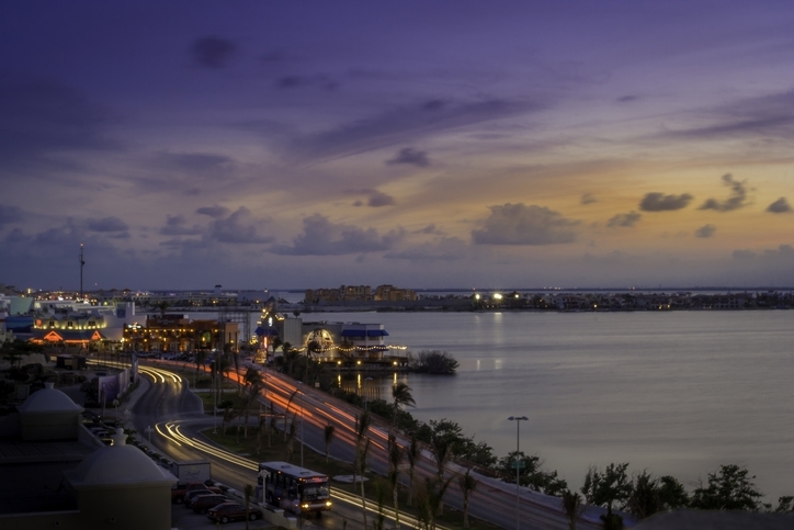 Panoramic view of Cancun at night.
