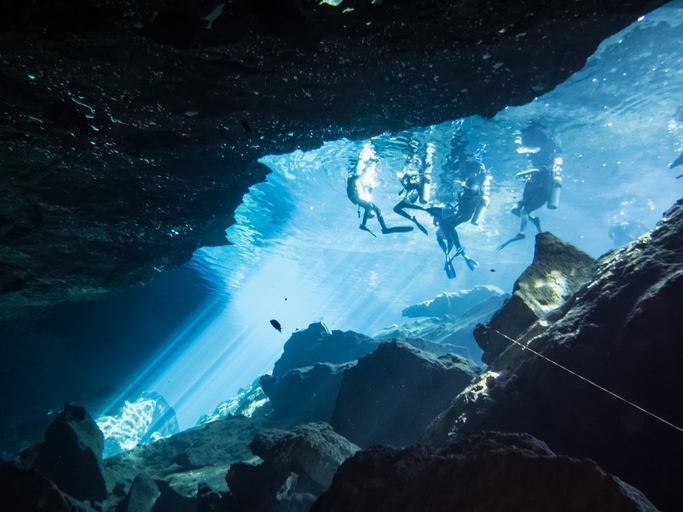 A group of people diving in cenotes in Cancun.